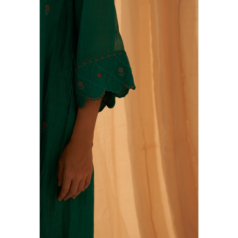 Janki India Rama Green Chanderi Floral Buti Embroidery Kurta with Pant and Dupatta (Set of 3)