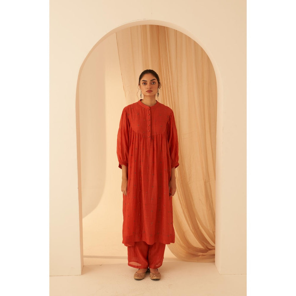 Janki India Rust Chanderi Embroidery Kurta with Pant and Dupatta with Slip (Set of 4)