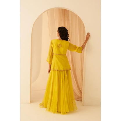 Janki India Lime Yellow Chanderi Thread Embroidery Kurta with Sharara and Dupatta (Set of 3)