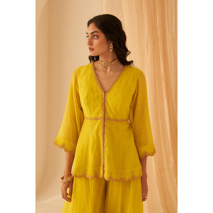 Janki India Lime Yellow Chanderi Thread Embroidery Kurta with Sharara and Dupatta (Set of 3)