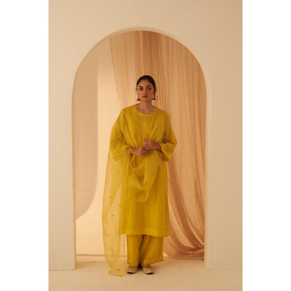 Janki India Lime Yellow Embroidery Kurta with Palazzo and Dupatta with Slip (Set of 4)