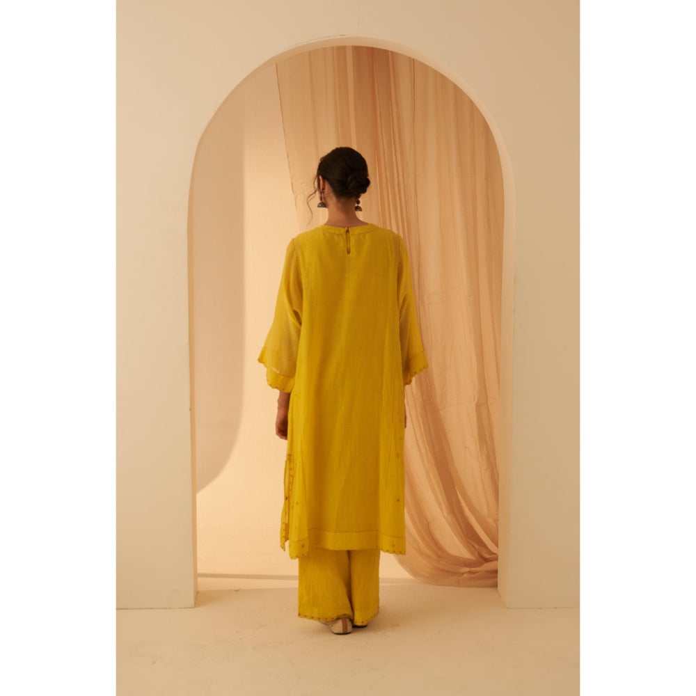 Janki India Lime Yellow Embroidery Kurta with Palazzo and Dupatta with Slip (Set of 4)