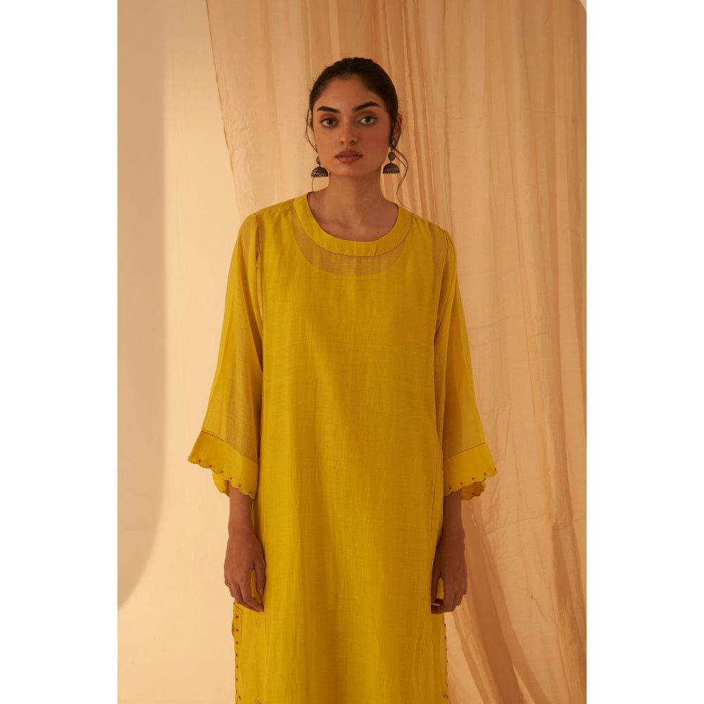Janki India Lime Yellow Embroidery Kurta with Palazzo and Dupatta with Slip (Set of 4)