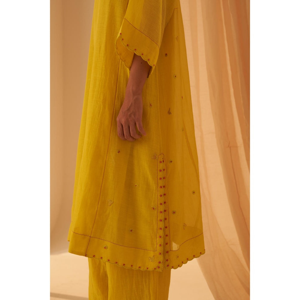 Janki India Lime Yellow Embroidery Kurta with Palazzo and Dupatta with Slip (Set of 4)