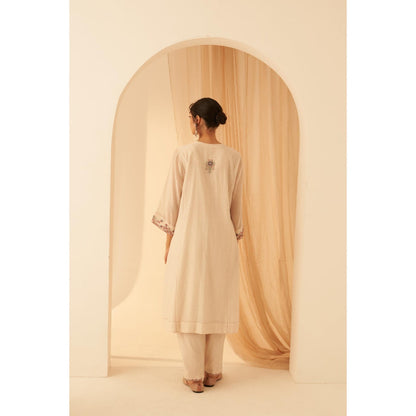 Janki India Ivory Chanderi Thread Zardozi Embroidery Kurta with Pant and Dupatta (Set of 3)