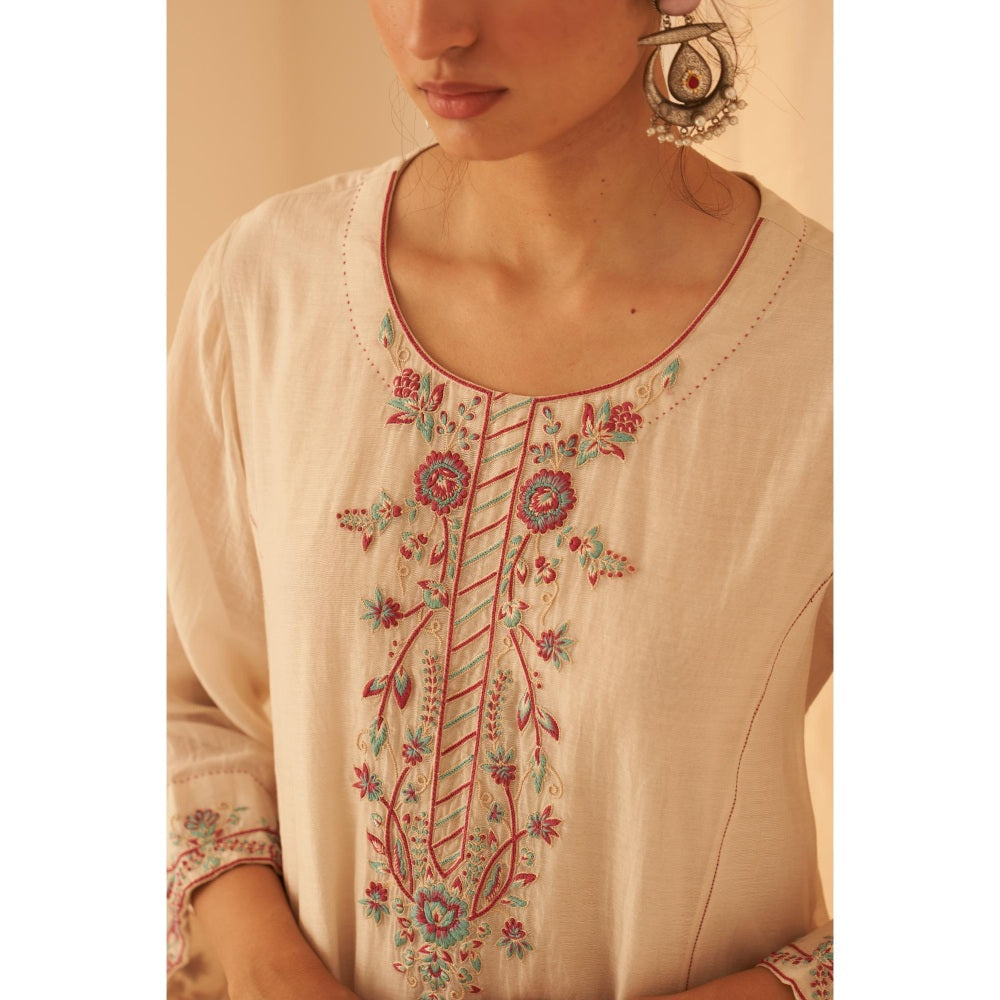 Janki India Ivory Chanderi Thread Zardozi Embroidery Kurta with Pant and Dupatta (Set of 3)