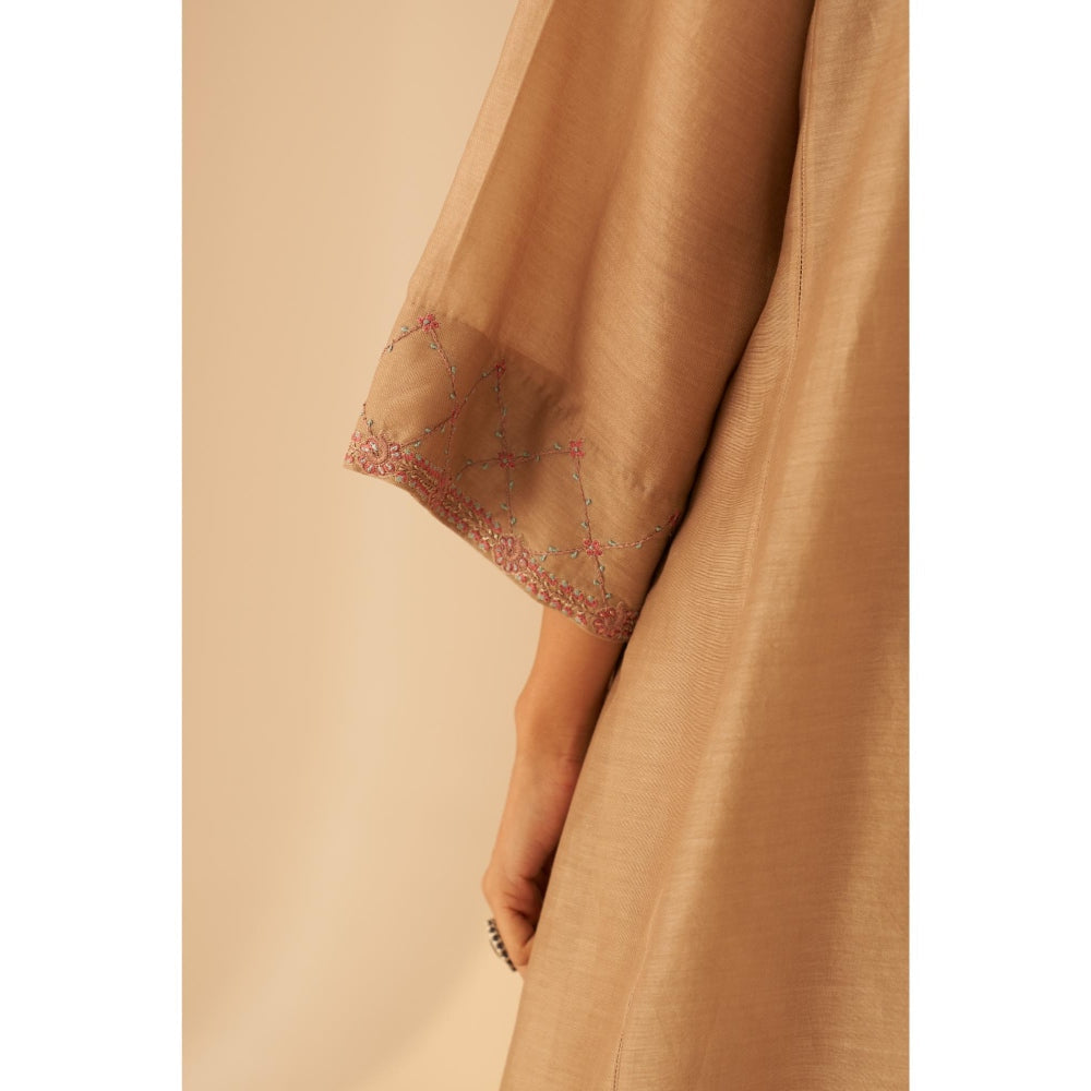 Janki India Elegant Champagne Chanderi Resham Jaal Kurta with Pant and Dupatta (Set of 3)