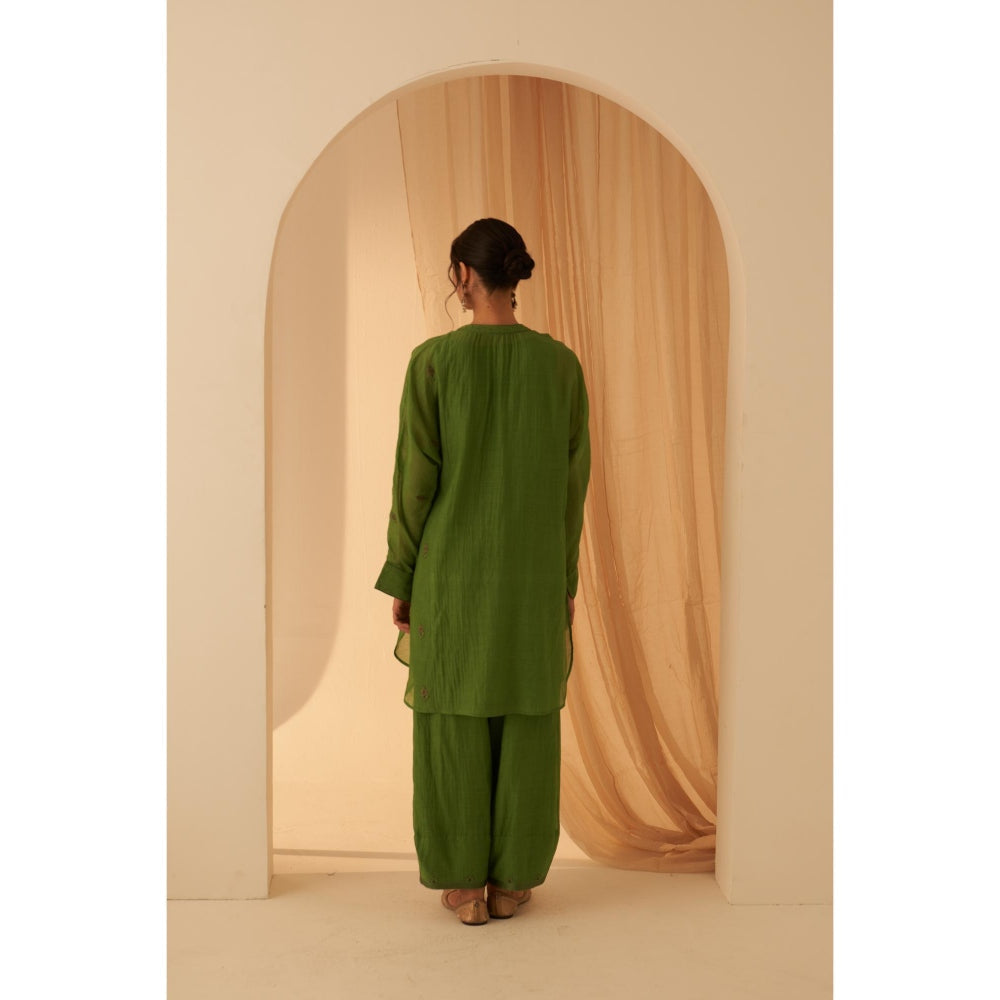 Janki India Green Chanderi Resham Buti Embroidery Kurta with Palazzo and Slip (Set of 3)