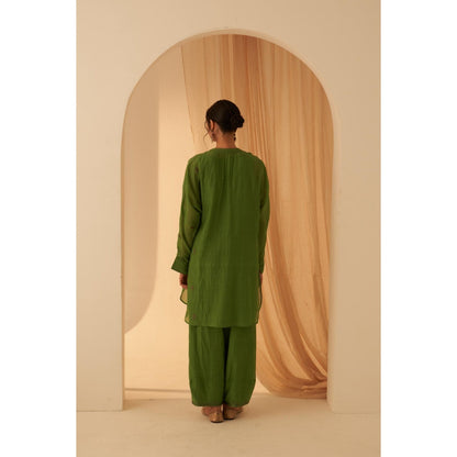 Janki India Green Chanderi Resham Buti Embroidery Kurta with Palazzo and Slip (Set of 3)