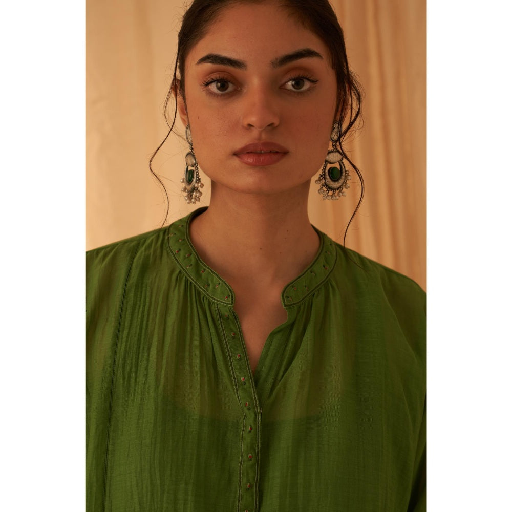 Janki India Green Chanderi Resham Buti Embroidery Kurta with Palazzo and Slip (Set of 3)
