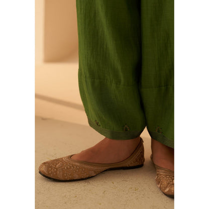 Janki India Green Chanderi Resham Buti Embroidery Kurta with Palazzo and Slip (Set of 3)