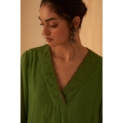 Janki India Green Chanderi Bullion Work Embroidery Kurta with Pant and Dupatta (Set of 3)