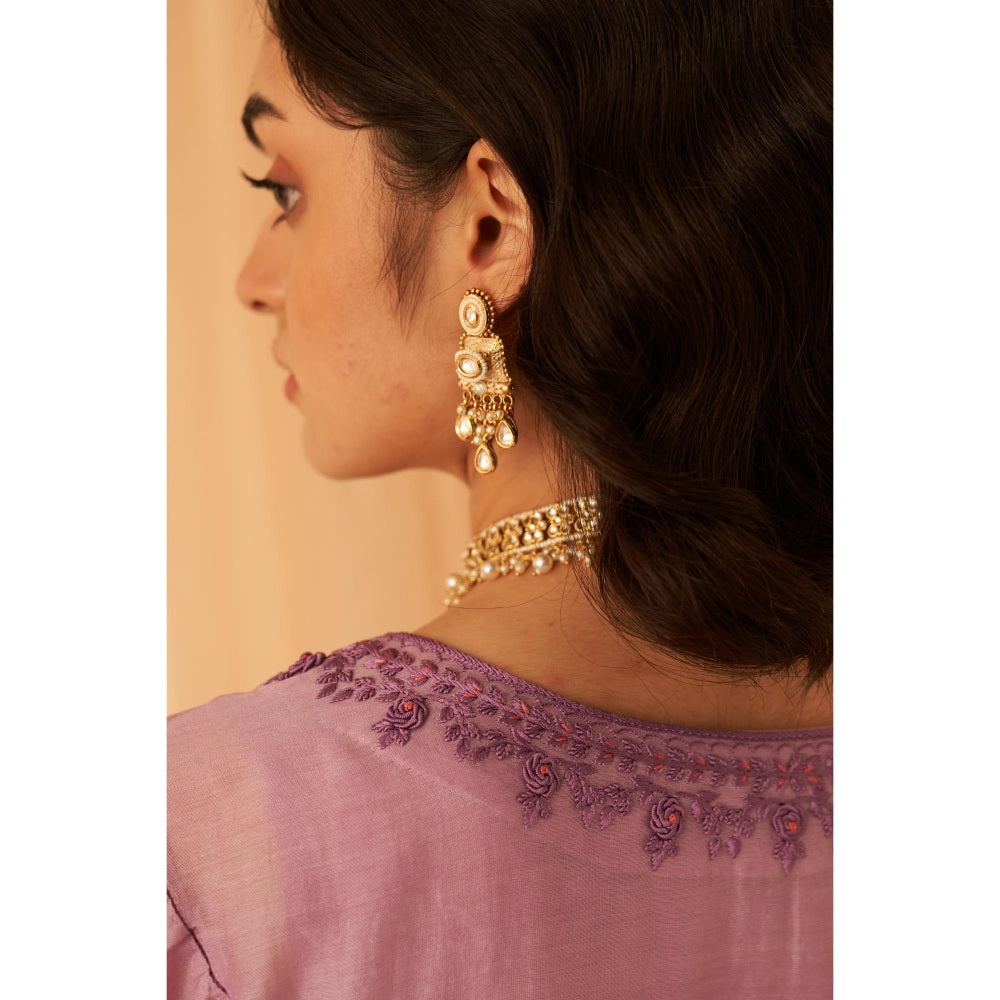 Janki India Charming Lilac Embroidery Kurta with Pant and Dupatta with Slip (Set of 4)