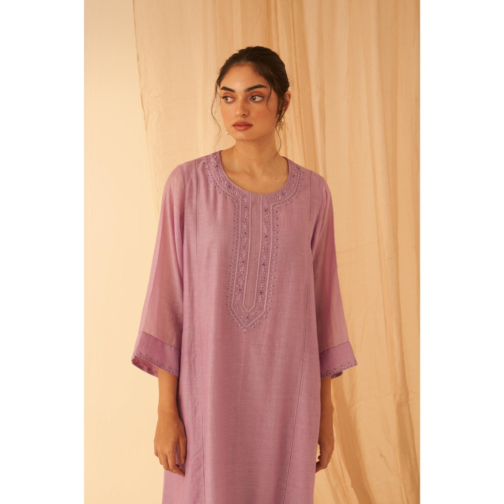 Janki India Lilac Chanderi Hand-Stitched Zardozi Work Kurta with Pant and Dupatta (Set of 3)