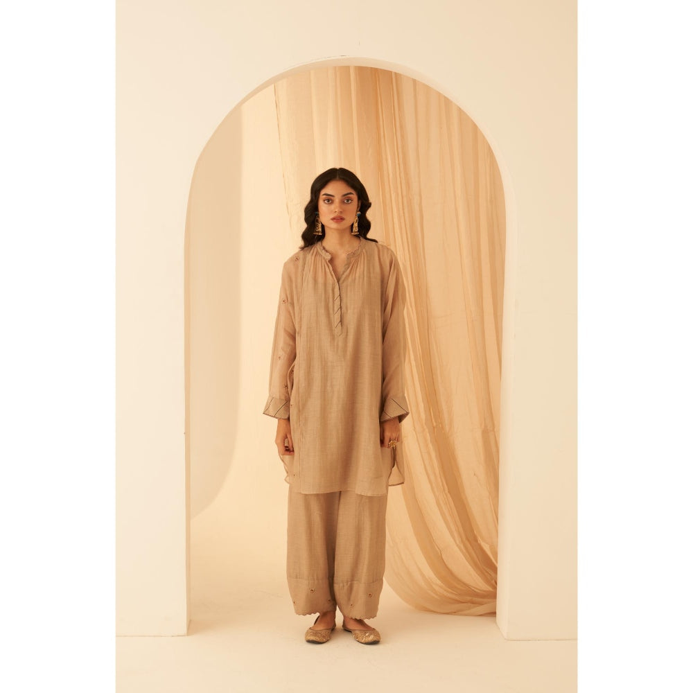 Janki India Charming Champagne Chanderi Kurta with Palazzo and Slip (Set of 3)