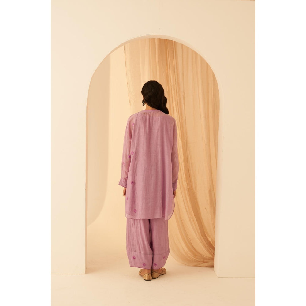 Janki India Dreamy Lilac Chanderi Floral Buta Embroidery Kurta with Palazzo and Slip (Set of 3)