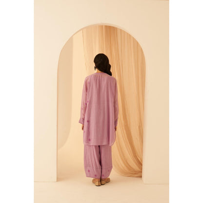 Janki India Dreamy Lilac Chanderi Floral Buta Embroidery Kurta with Palazzo and Slip (Set of 3)