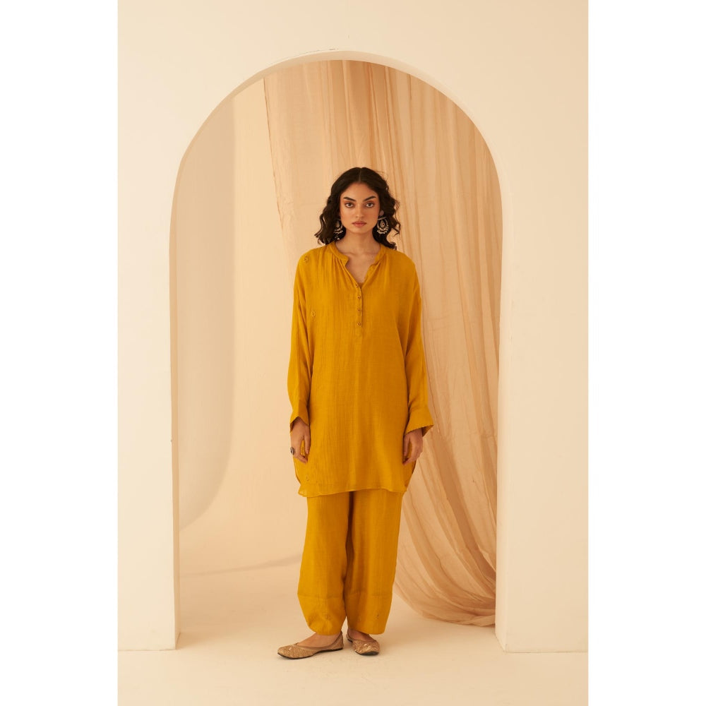 Janki India Timeless Mustard Embroidery Kurta with Palazzo and Slip (Set of 3)