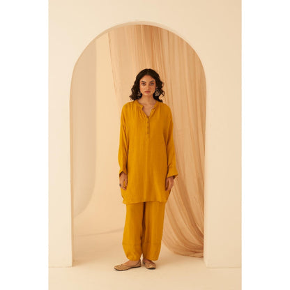 Janki India Timeless Mustard Embroidery Kurta with Palazzo and Slip (Set of 3)