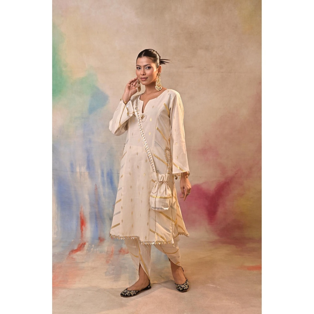 Jasashi Cream Embellished Kurta with Dhoti and Potli Bag (Set of 3)
