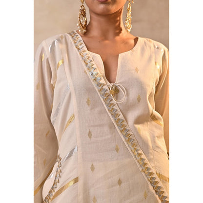 Jasashi Cream Embellished Kurta with Dhoti and Potli Bag (Set of 3)