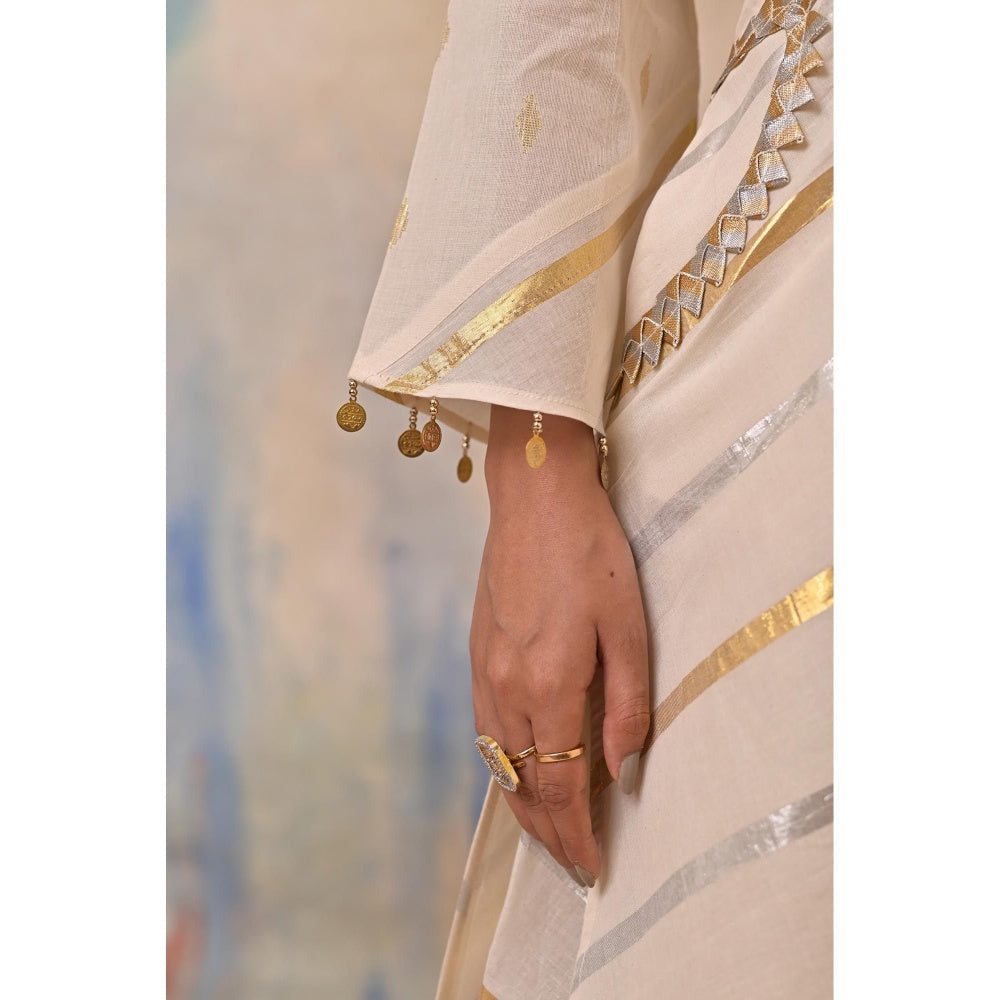 Jasashi Cream Embellished Kurta with Dhoti and Potli Bag (Set of 3)
