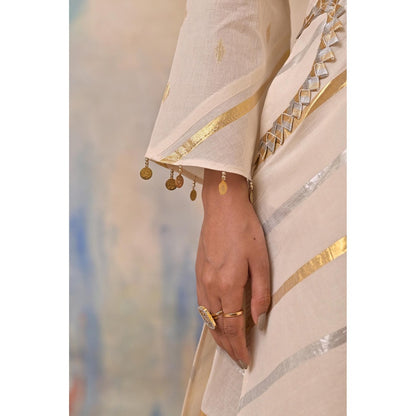 Jasashi Cream Embellished Kurta with Dhoti and Potli Bag (Set of 3)