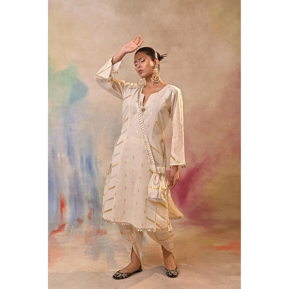Jasashi Cream Embellished Kurta with Dhoti and Potli Bag (Set of 3)
