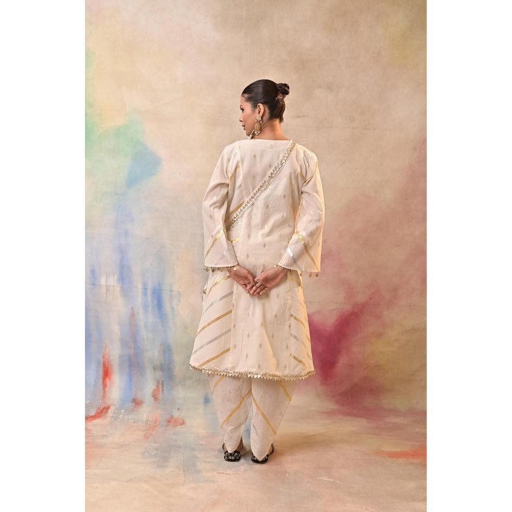 Jasashi Cream Embellished Kurta with Dhoti and Potli Bag (Set of 3)
