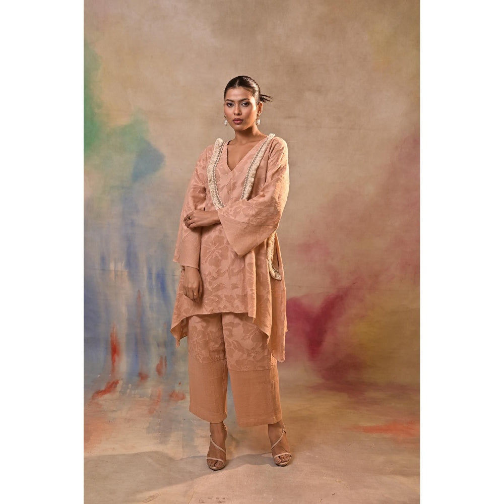 Jasashi Peach Jacquard Embroidered Kurta with Pant (Set of 2)