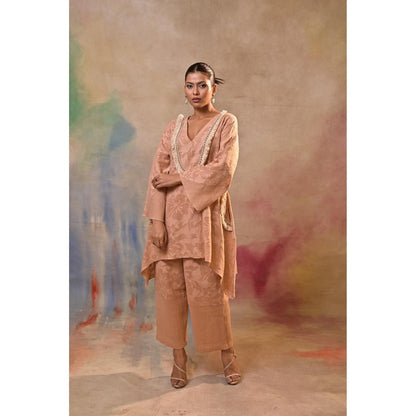 Jasashi Peach Jacquard Embroidered Kurta with Pant (Set of 2)