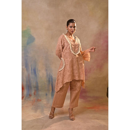 Jasashi Peach Jacquard Embroidered Kurta with Pant (Set of 2)