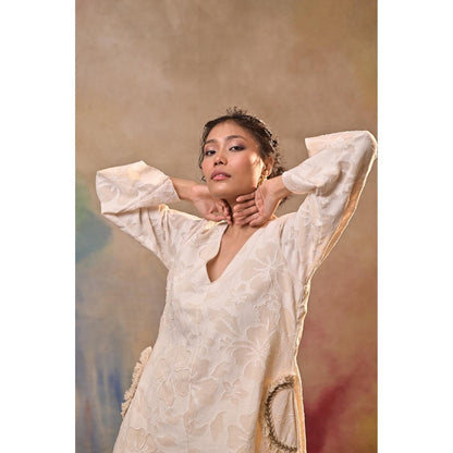 Jasashi Ivory Jacquard Embroidered Kurta with Palazzo (Set of 2)