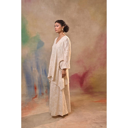 Jasashi Ivory Jacquard Embroidered Kurta with Palazzo (Set of 2)
