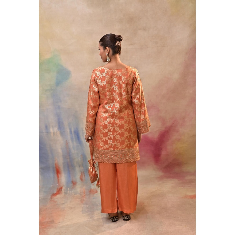 Jasashi Orange Brocade Kurta with Pant and Potli Bag (Set of 3)