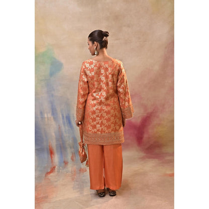 Jasashi Orange Brocade Kurta with Pant and Potli Bag (Set of 3)