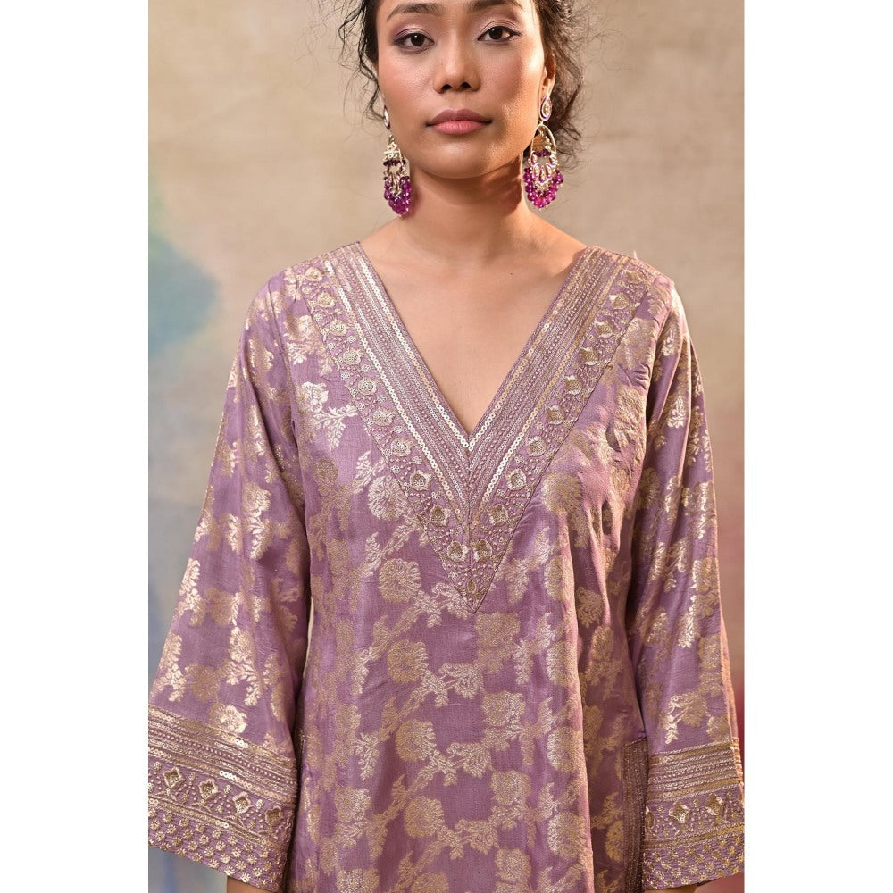 Jasashi Lavender Brocade Kurta with Pant and Potli Bag (Set of 3)