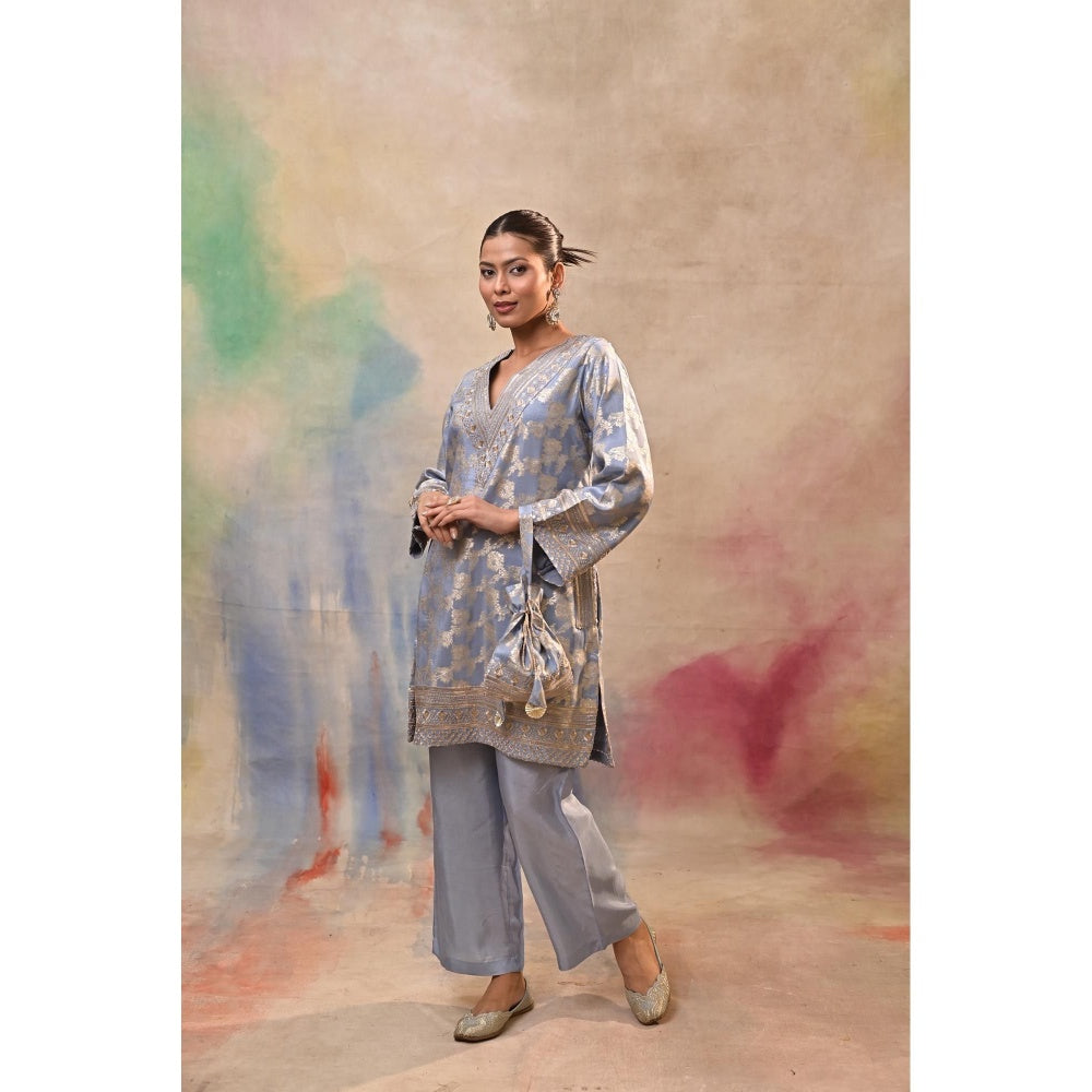 Jasashi Blue Brocade Kurta with Pant and Potli Bag (Set of 3)