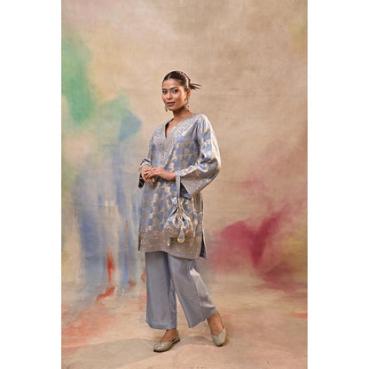 Jasashi Blue Brocade Kurta with Pant and Potli Bag (Set of 3)