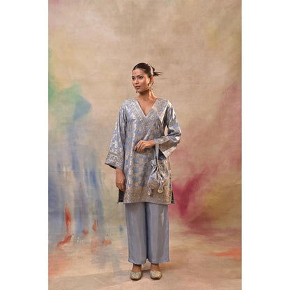 Jasashi Blue Brocade Kurta with Pant and Potli Bag (Set of 3)