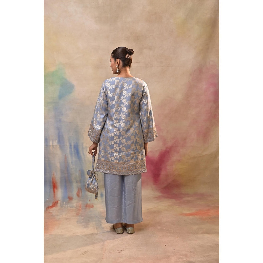Jasashi Blue Brocade Kurta with Pant and Potli Bag (Set of 3)