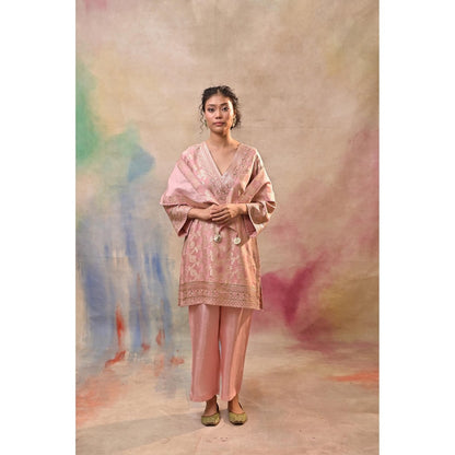 Jasashi Blush Pink Brocade Kurta with Pant and Potli Bag (Set of 3)