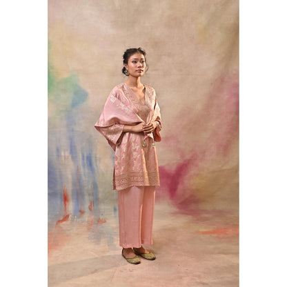 Jasashi Blush Pink Brocade Kurta with Pant and Potli Bag (Set of 3)
