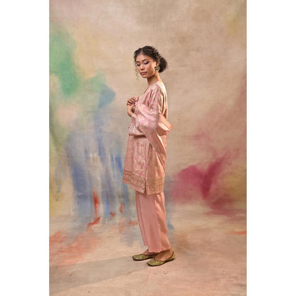 Jasashi Blush Pink Brocade Kurta with Pant and Potli Bag (Set of 3)