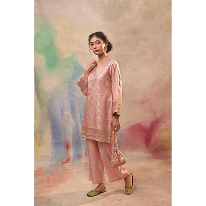 Jasashi Blush Pink Brocade Kurta with Pant and Potli Bag (Set of 3)