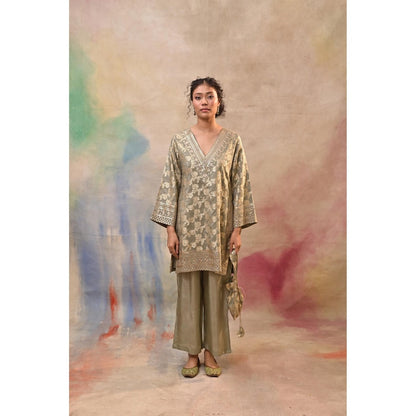Jasashi Taupe Brocade Kurta with Pant and Potli Bag (Set of 3)