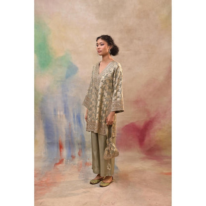 Jasashi Taupe Brocade Kurta with Pant and Potli Bag (Set of 3)