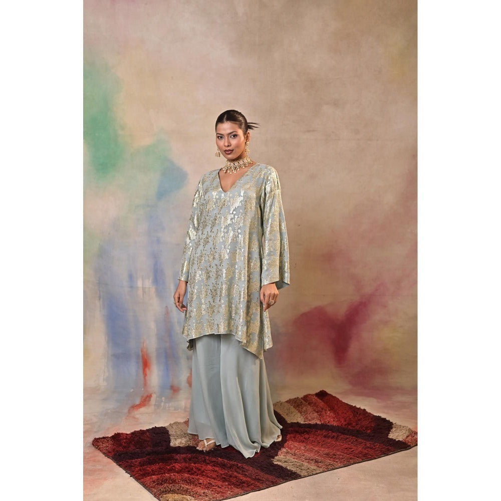 Jasashi Blue Mint Green Brocade Kurta with Palazzo (Set of 2)