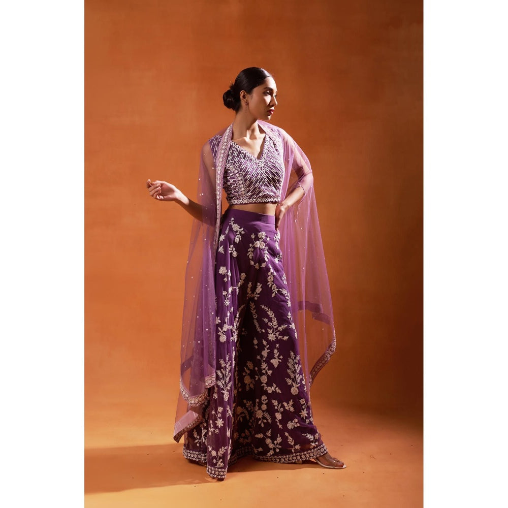 Jasashi Purple Embellished Floral Indo-Western Crop Top with Palazzo and Cape (Set of 3)
