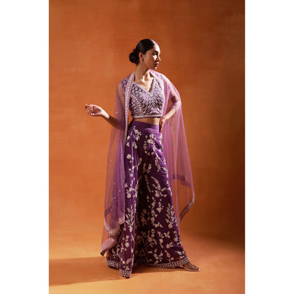 Jasashi Purple Embellished Floral Indo-Western Crop Top with Palazzo and Cape (Set of 3)